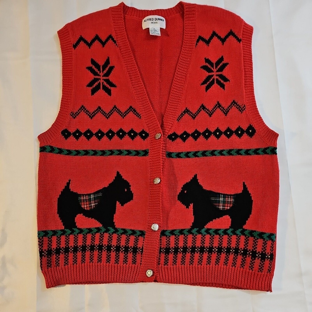 Alfred Dunner Scottie Dog Red Cardigan Sweater Vest Button Front Size‎ L